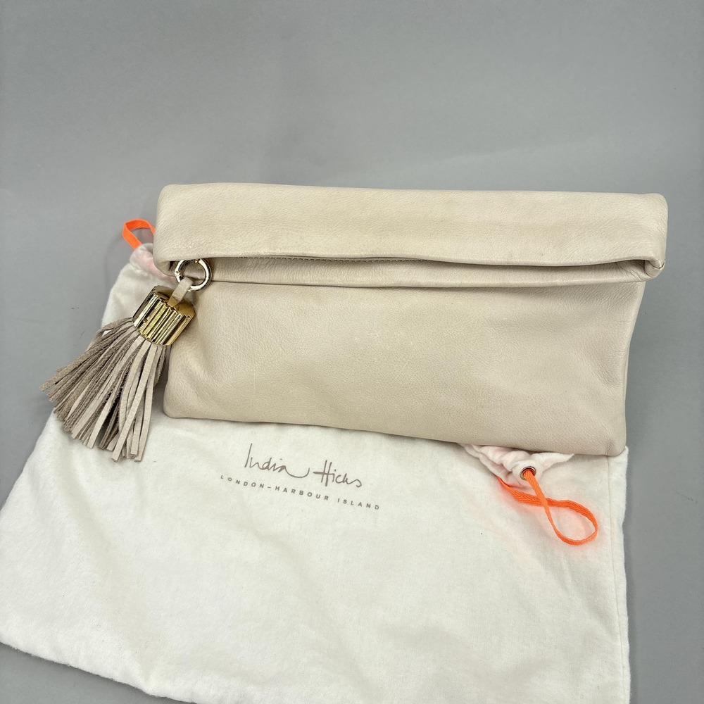 India Hicks Bag Womens Medium Beige Leather Tassel Foldover Clutch Crab Print